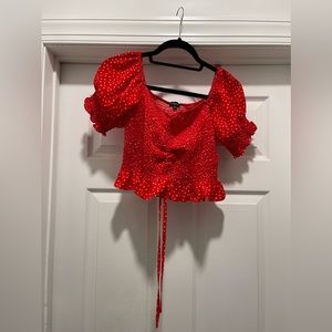Cropped smocked red white polka dot off the shoulder crop top